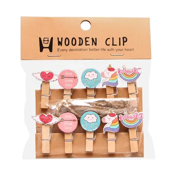 

10 Pcs/Set Rainbow and Unicorn Series Wooden Clip Photo Clips Party Decoration Clip with Hemp Rope