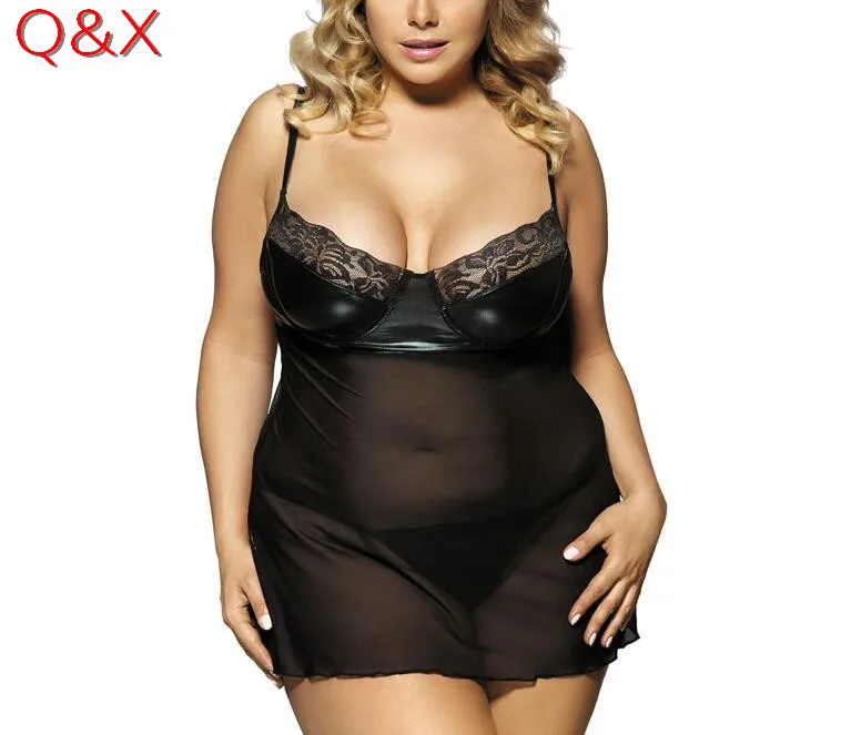 

OY56 2017 Plus Size 7XL Women Sexy Transparent Mesh Lingerie Erotic Bodysuit Bright Faux PU Leather Ladies pajamas Sleepwear