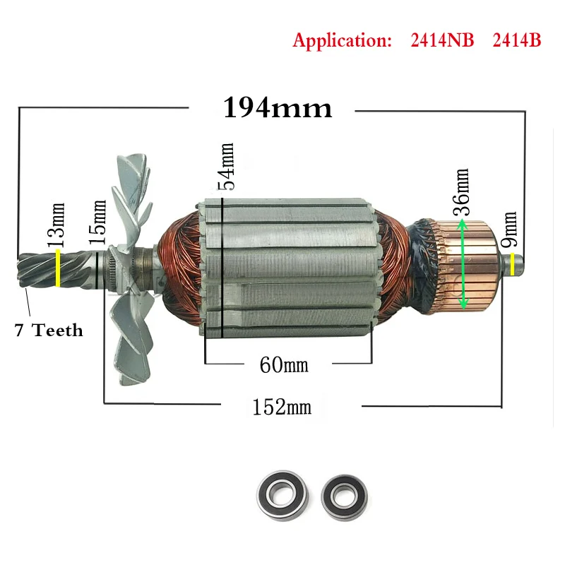 AC220-240V 7 зубьев приводной вал электрический молоток сталь режущая машина ротор 355 для Makita 2414NB 2414B 516563-1 516564-9 - Цвет: Rotor Bearing