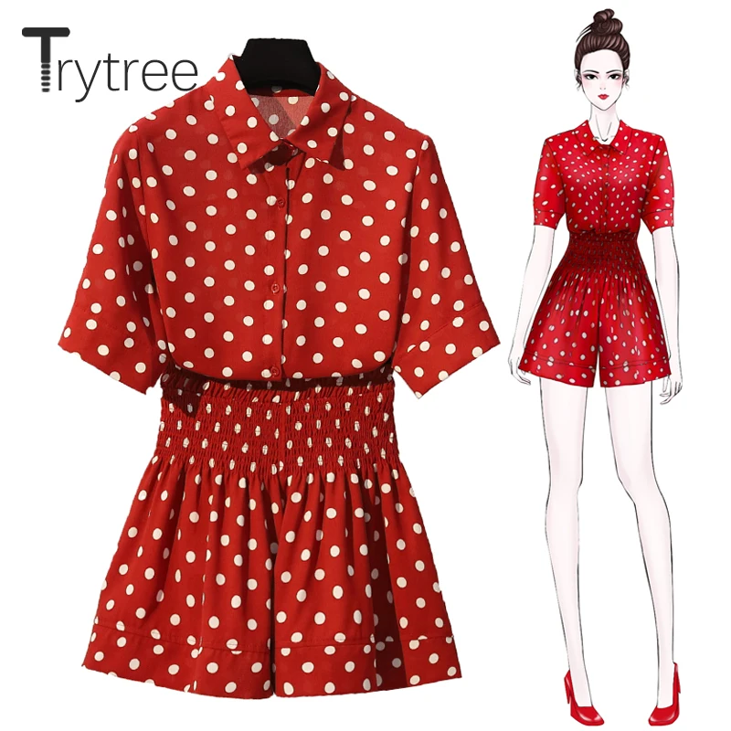 

Trytree Summer Women two piece set Polka Dot Casual Turn-down Collar Single Breasted Top + Shorts Elastic Waist Suit 2 Piece Set