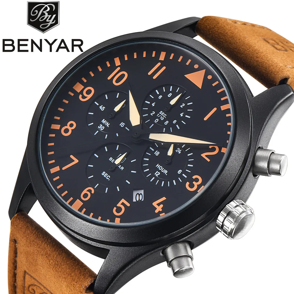 

BENYAR Waterproof Leather Fashion Chronograph Sports Watches Pilot series Luxury Brand Date Men's Quartz Watch Clock saat