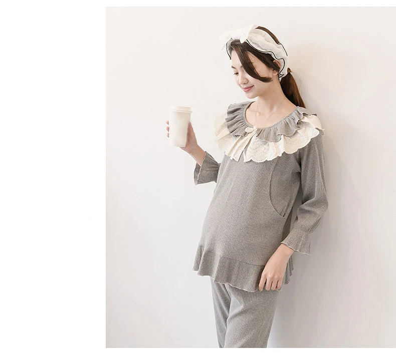 Весенне-осенние пижамы для беременных, комплекты одежды для кормления грудью, вязанные хлопковые топы+ штаны, женские пижамы для беременных и кормящих, BC1806-1
