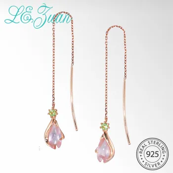 

L&zuan Rose Gold Floral Long Earrings for Women 925 Sterling Silver Pink Quartz Dangle Earrings Blossom Fine Jewelry Gift
