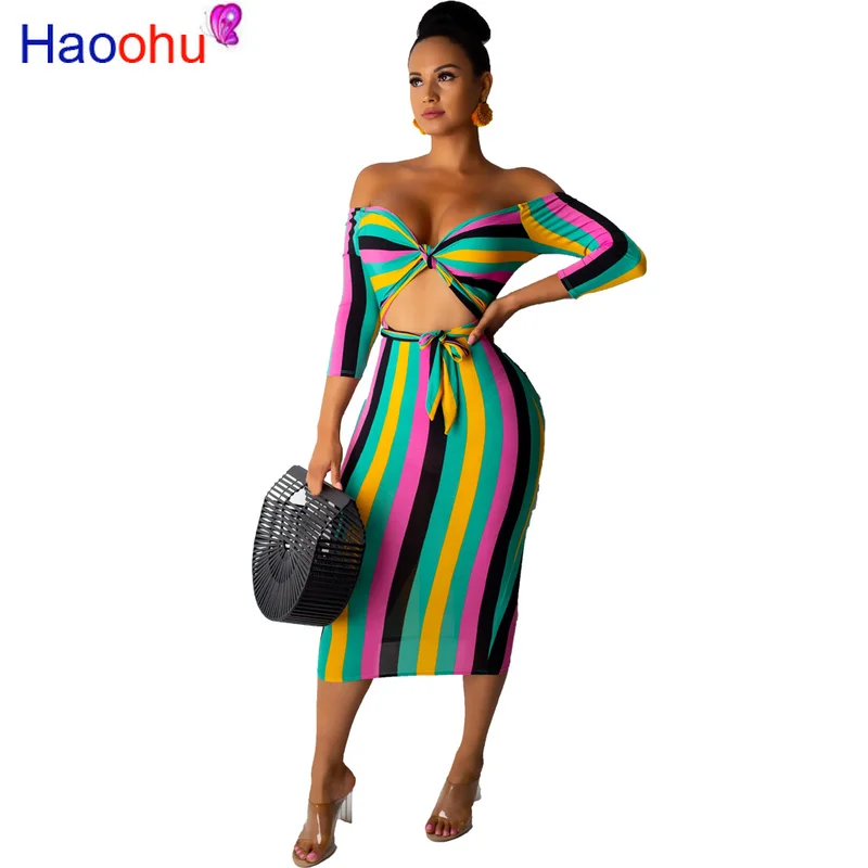 

HAOOHU Off Shoulder Colorful Stripe Casual Front Tie Short Sleeve Women Elegant Hollow Out Pencil Dress Fashion Female Outfits