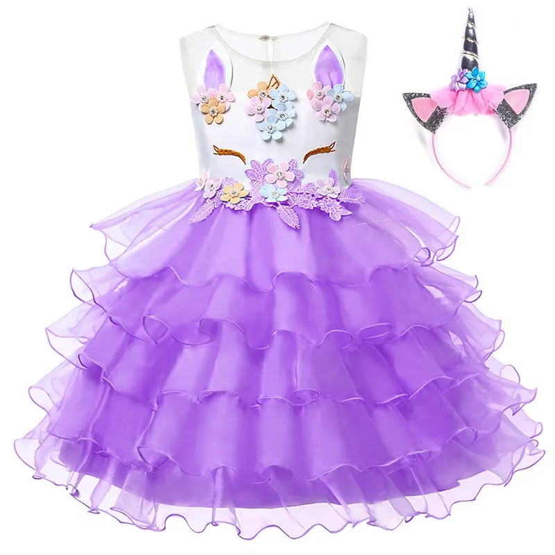 YOFEEL/Детское платье с единорогом для девочек; многослойное нарядное бальное платье с вышивкой; платья принцессы для девочек; вечерние костюмы для свадьбы с единорогом - Цвет: Purple Dress 02 Set