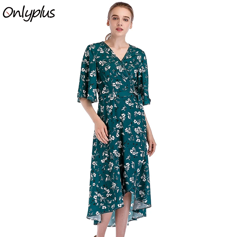 

ONLY PLUS 2018 S-XXL Warp Flare Dress Women Chiffon Printed Summer Dress Green Casual Deep V-Neck Boho Vestidos