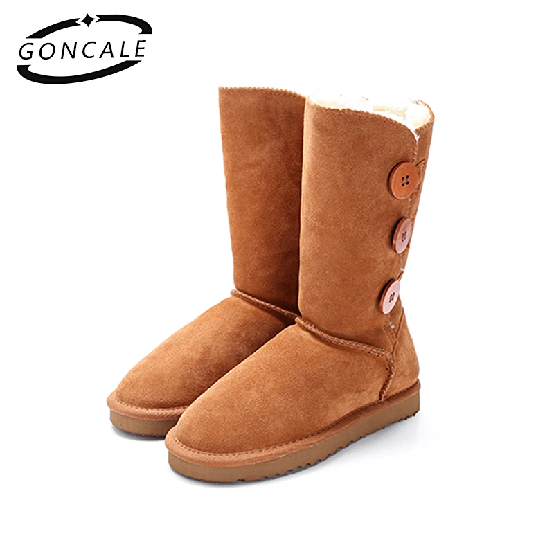 

GONCALE Fashion Women winter snow boots genuine leather Black Mid-Calf female winter boots girls shoes for women Big Size:4-13