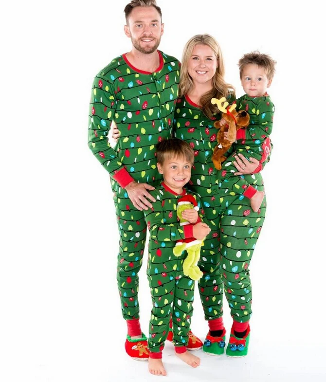 Семейные комплекты; рождественские пижамные комплекты одежда для сна; зимние теплые комплекты одежды для семьи - Цвет: Зеленый