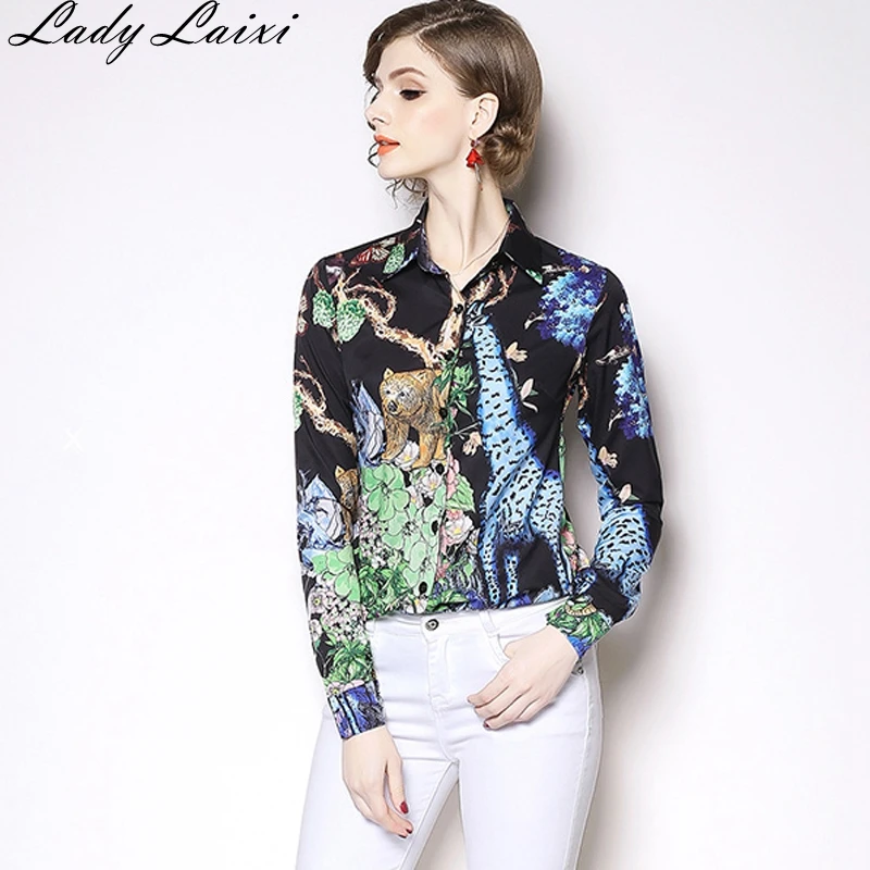 

2019 Spring New Women Animal Print Blouse Long Sleeves Turn-down Collar Shirts High Street Women Fall Fashion Tops