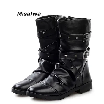 

Misalwa New England Style Boots Black White Punk Motorcycle Boots For Men PU Leather Zipper Buckle Strap Warm Snow Boot Dropship