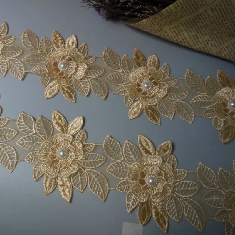 

1 yards 9X13 cm Gold Pearl Flower Leaf Handmade Beaded Embroidered Lace Edge Trim Ribbon Applique Wedding Dress Sewing Craft