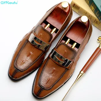 

QYFCIOUFU Genuine Leather Loafers Luxury Slip On Formal Shoes Men Wedding Shoes Crocodile Pattern Business Office Shoes Flats