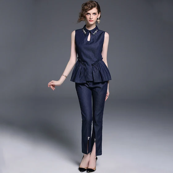 Outono Duas Peças Set 2017 2 Peça Set Mulheres Lapela Mangas Topos de diamante + Azul Calças Jeans Terno Chandal Mujer Completo 268283