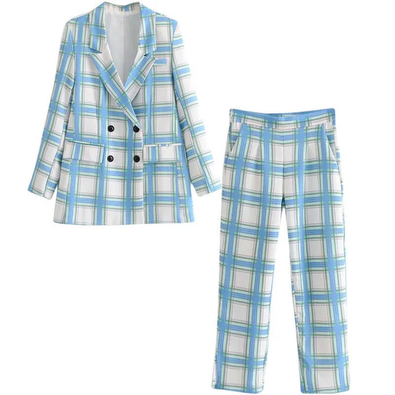 

Set female spring and autumn new loose small suit jacket high waist pants two-piece temperament fashion plaid women's clothes