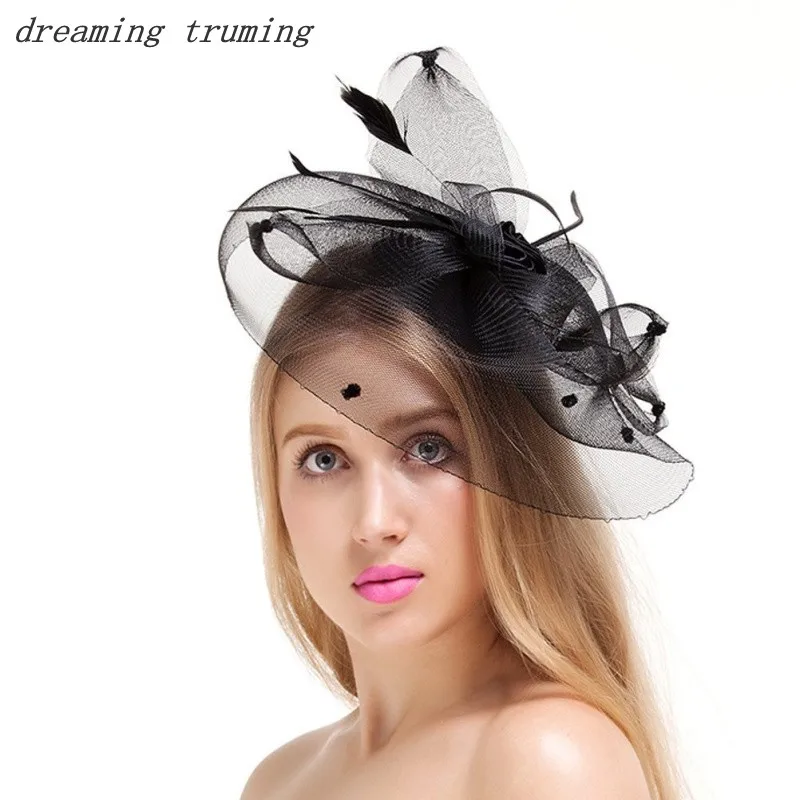 

Vintage Black Evening Prom Party Costume Wedding Bridal Birdcage Fascinator Face Veils Feather Flower with Hairpins Bridal Hat