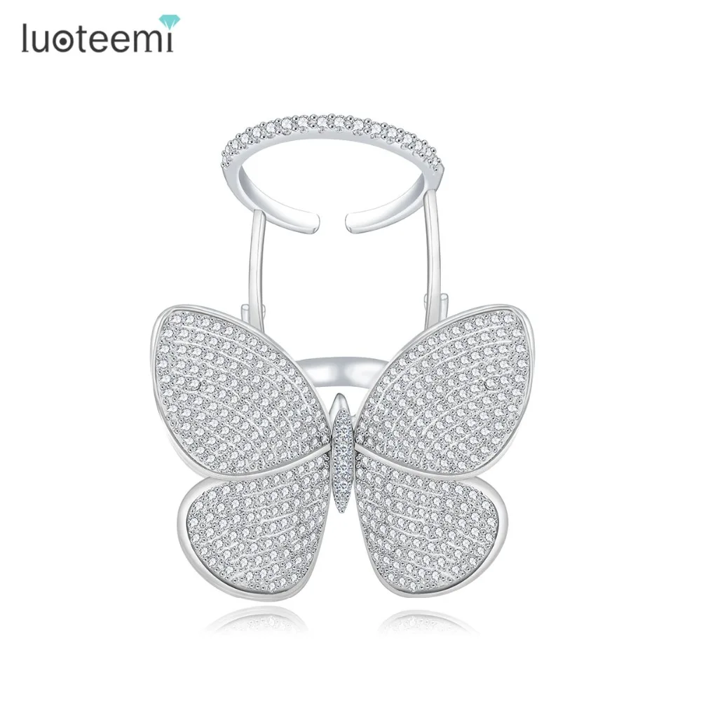 LUOTEEMI High Quality Fashionable Unique Adjustable Ring Micro Paved Shining CZ Movable Butterfly Shape Jewelry For