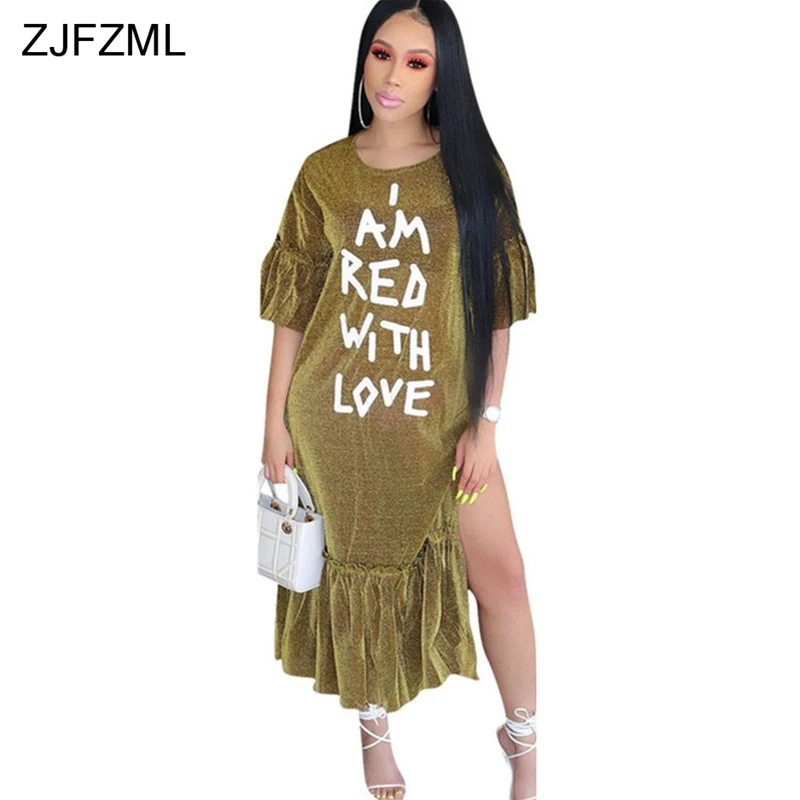 Achat ZJFZML Blanc Lettre Impression Plus La Taille Robe Femmes Brillant Or Côté de Split Ruches Robes Automne Moitié Manches Lâche Maxi Robe femmme