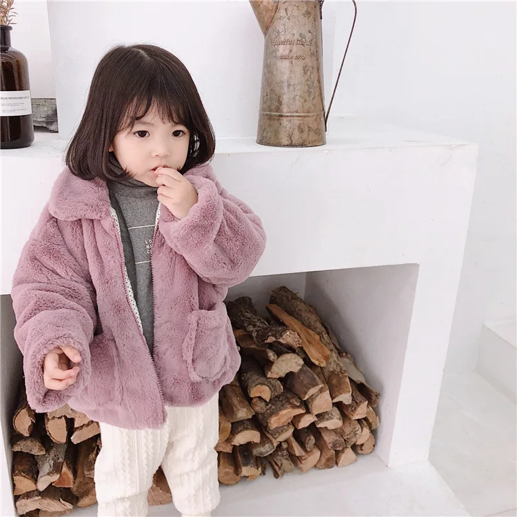 

Koreran style Winter baby girls fashion soft rabbit hair thicken coats 1-6 years cute kids solid color cotton-padded jackets
