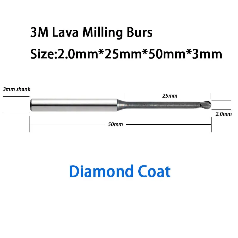 

High Quality 25mm Reach Length 2.0mm Ball Diameter ESPE Lava 500 Milling Machine Tools Burs to Mill Zirconia, Wax, PMMA
