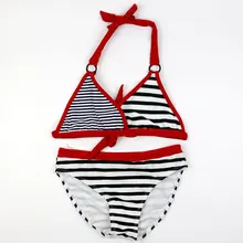 Детский комплект бикини из двух предметов, лето, полосатое бикини для девочек, эластичный пляжный купальник с лямкой на шее, детский купальный костюм для 6-14 лет