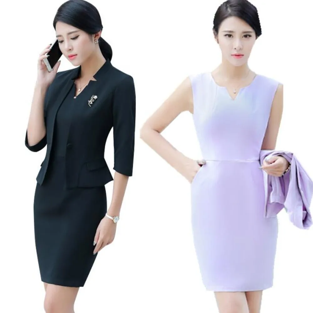 SEYAM Senhora Do Escritório Blazer Ternos de Vestido de Verão Elegante Mangas 3/4 Blazer e Vestido Sem Mangas Vestir para o Trabalho Conjunto Terno ow0333