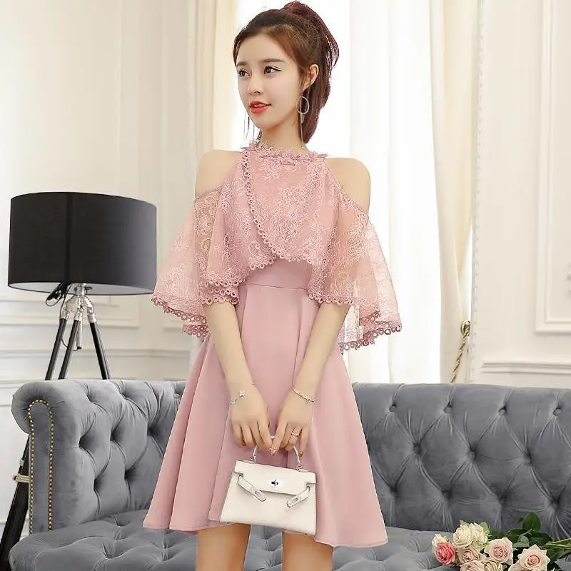 

2019 Women A-line lace slim hollow out causal natural mini O-neck summer