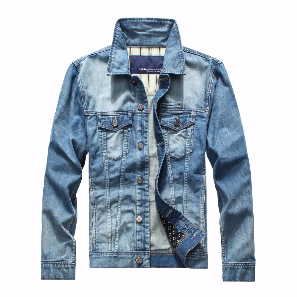 Male denim jacket light blue jeans jacket for men retro jaqueta jeans