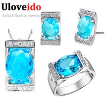 40% de descuento al por mayor fashion square collar pendientes anillo azul cristalino de la joyería nupcial conjuntos conjuntos de regalo bijoux uloveido t094
