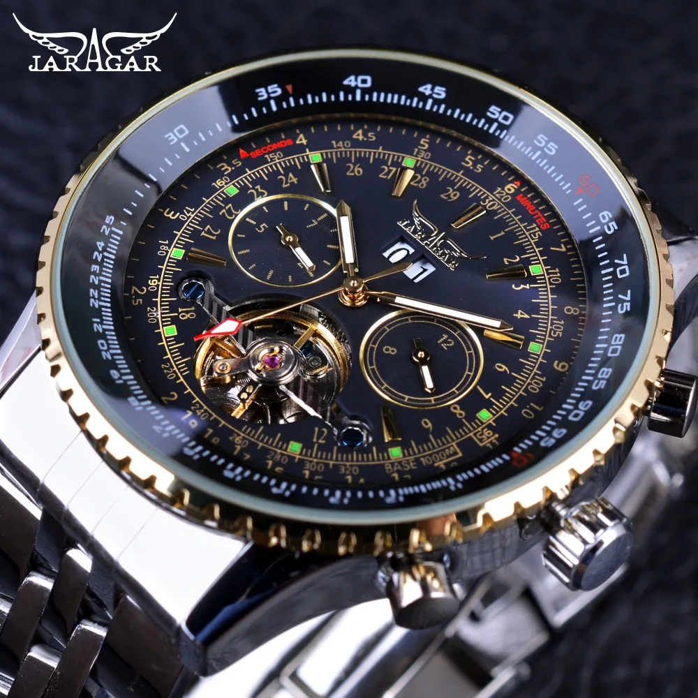 Prix pour Jaragar 2017 Série de Vol D'or Lunette Échelle Cadran Conception En Acier Inoxydable Mens Watch Top Marque De Luxe Automatique Mécanique Montre Prix pour Jaragar 2017 Série de Vol D'or Lunette Échelle Cadran Conception En Acier Inoxydable Mens Watch Top Marque De Luxe Automatique Mécanique Montre