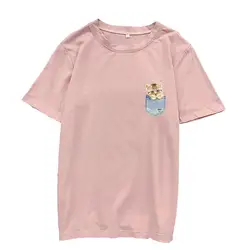 Kpop Лето корейский стиль футболка женский карман кошка футболки повседневное короткий рукав хлопок Harajuku Kawaii Мультфильм женская одежда