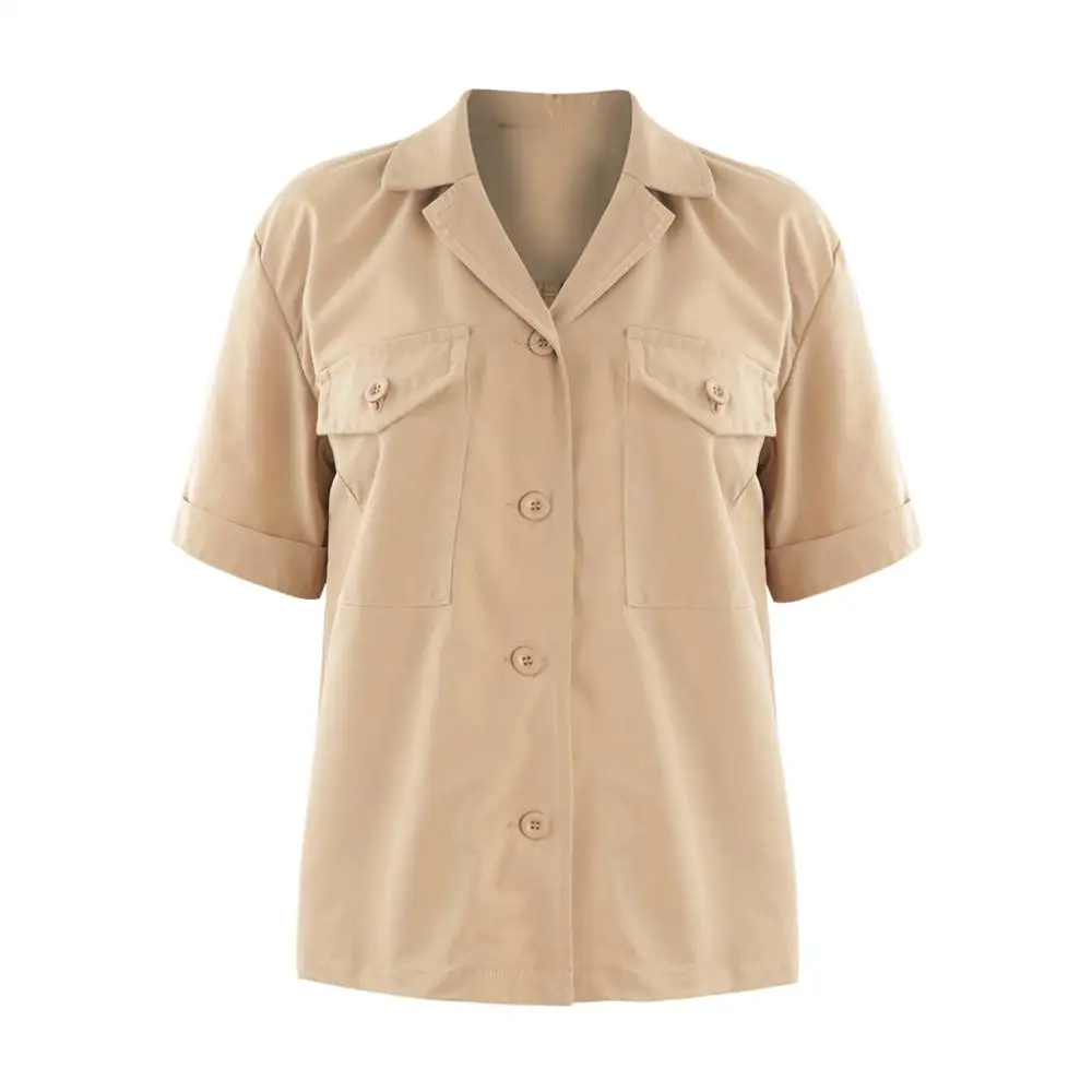 HDY Haoduoyi Solid Color Handsome Shirts Collar Multi-pocket Decorative Femme Neutral Tops Fashion Women Outwears