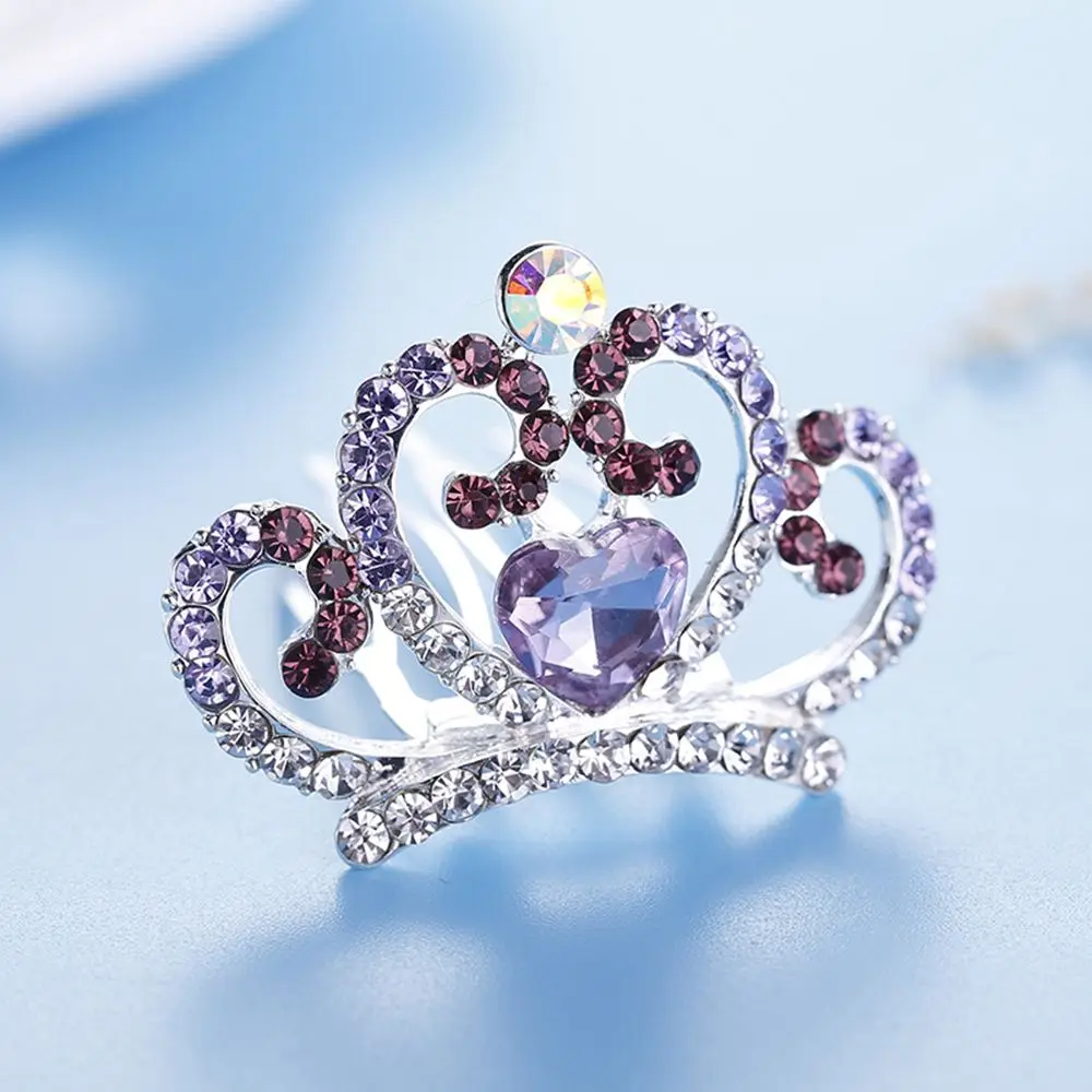 Мини Милая любовь сердце кристалл корона принцессы из страз гребень для волос день рождения диадемы для девочек детские украшения для волос аксессуары - Окраска металла: purple