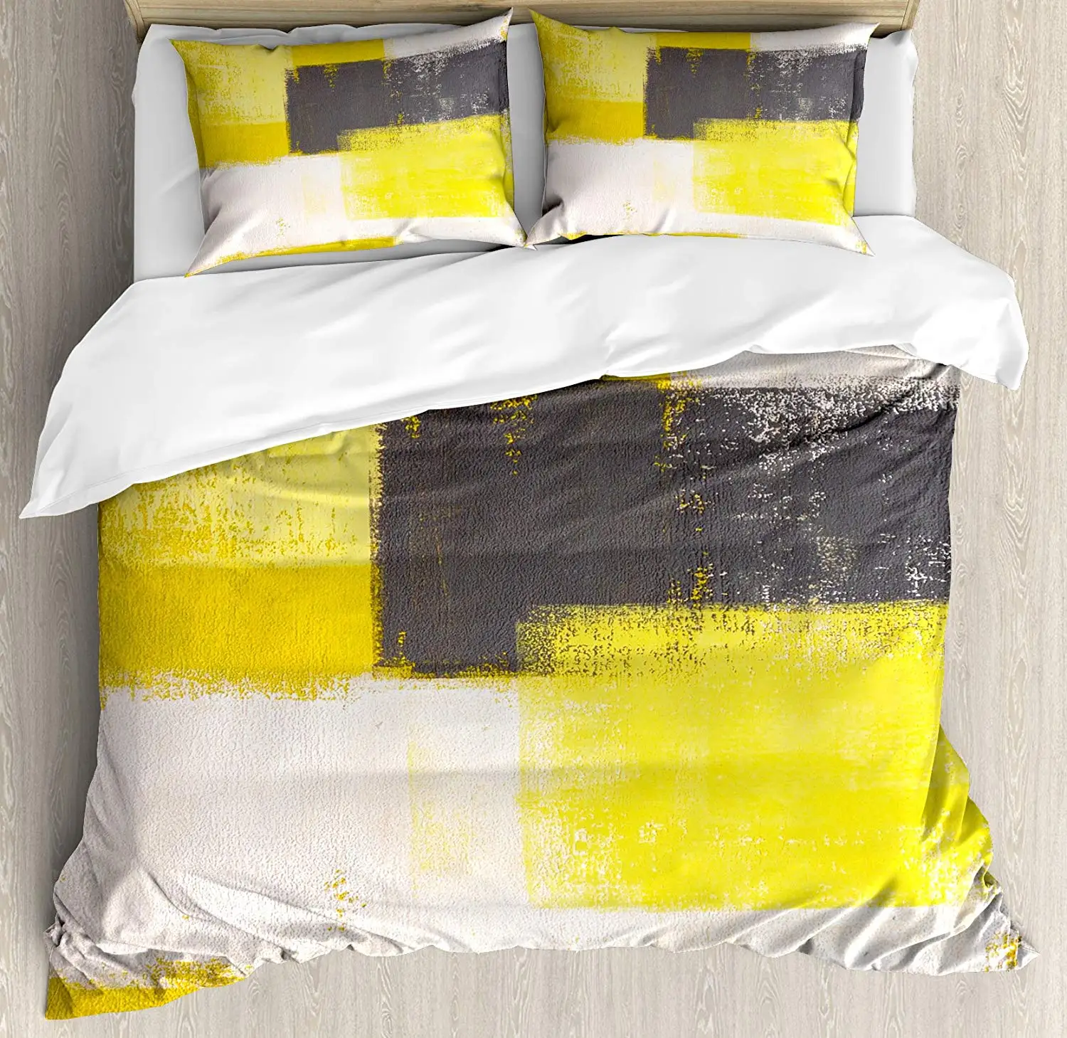 Grey Yellow Duvet Cover Set King Size Abstract Grunge Style