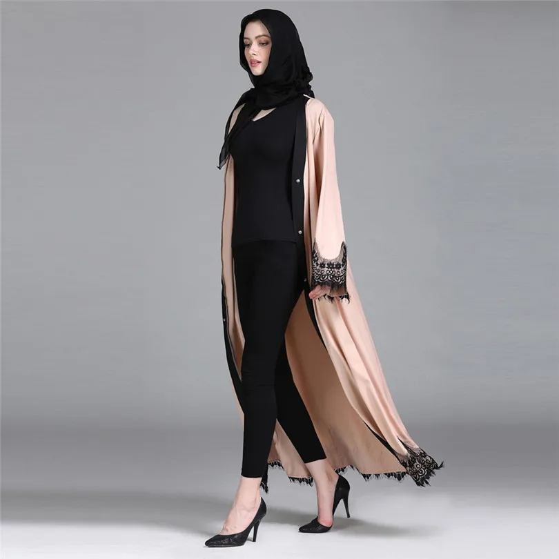 New Muslim Women Islamic Clothing Lace Splicing Long Coat Middle East Long open Abaya Robe Kaftan Dubai #4F08 (3)