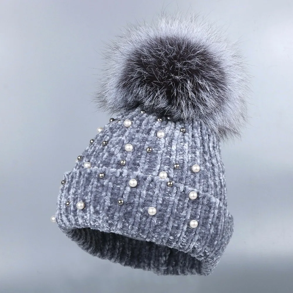 Дизайн, Женская шенилловая зимняя шапка, Лисий помпон, шапочки с натуральным животным мехом, помпоны с кристаллами, цветочные Роскошные зимние шапки для женщин