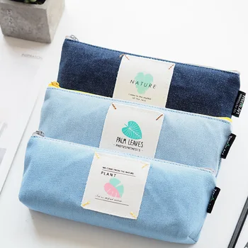 

1pcs creative student denim printing pencil bag palm leaf series 1 inverted trapezoidal pencil bag
