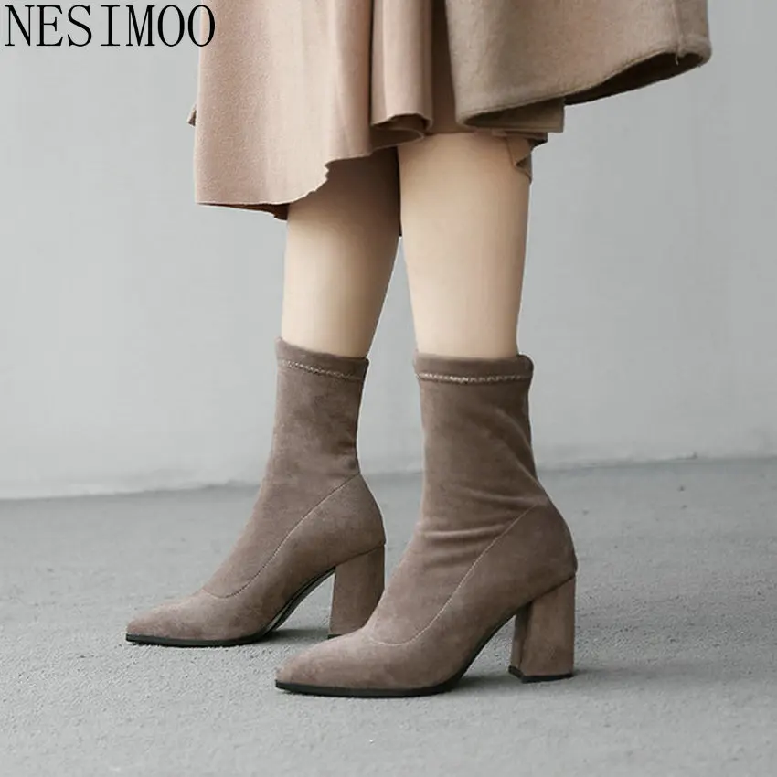 

NESIMOO 2019 Women Ankle Boots Fashion Women Shoes Square High Heel Pointed Toe Winter Boots Black Red Women Shoes Size 34-42