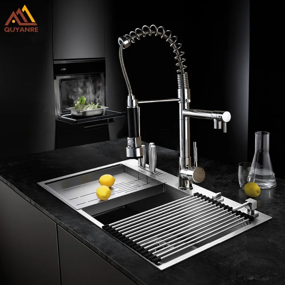Chrome Black Brushed Nickel Dual Spout Spring Pull Down Kitchen Sink Mixer Water Cock Faucet with
