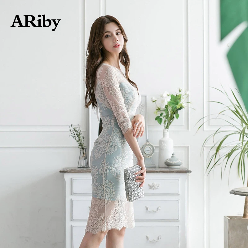 Women Dress Summer Elegant Dress 2019 New Fashion Lady High Quality Lace Bodycon Print Casual O-Neck Splicing Knee-Length Dress