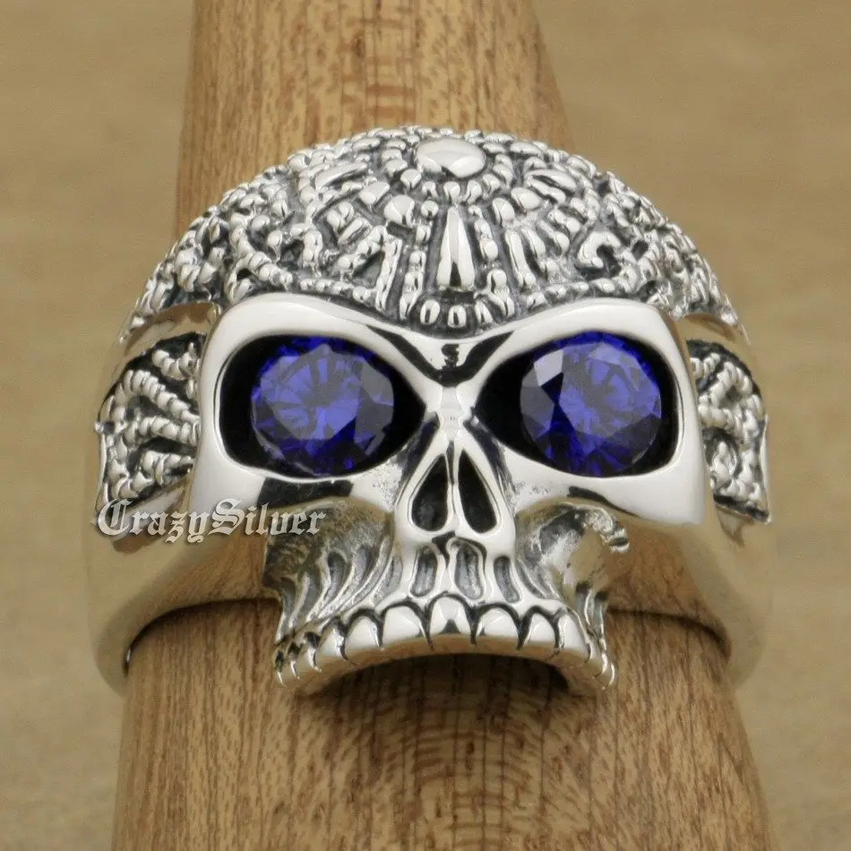 

925 Sterling Silver Skull CZ Eyes Mens Biker Rocker Punk Ring 9K120 US Size 8~13
