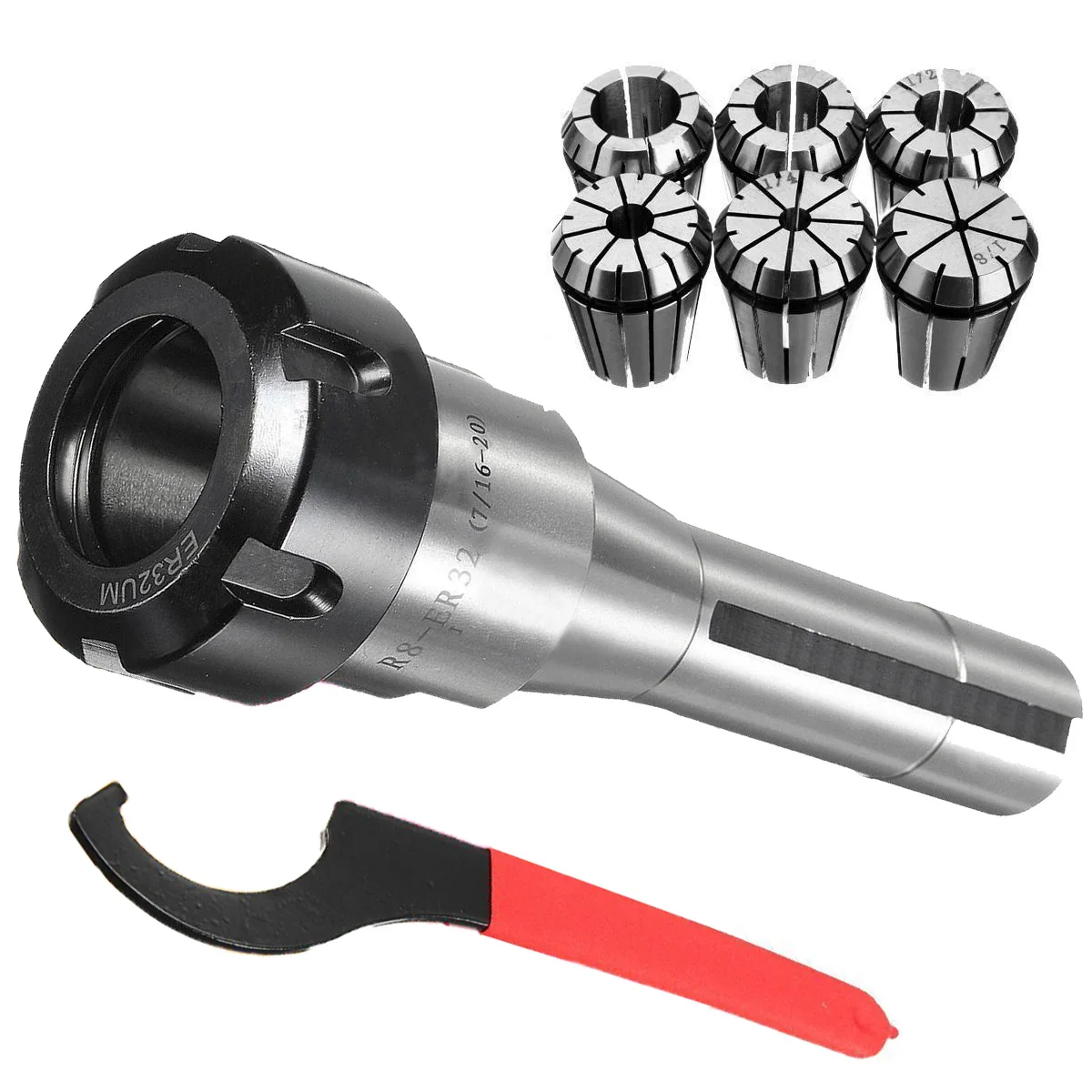 

R8-ER32 R8 Shank ER32 Holder Spring Collet 1/8" -3/4" 3-19mm Collet Chuck CNC Milling Lathe Set Kit 7/16 Thread