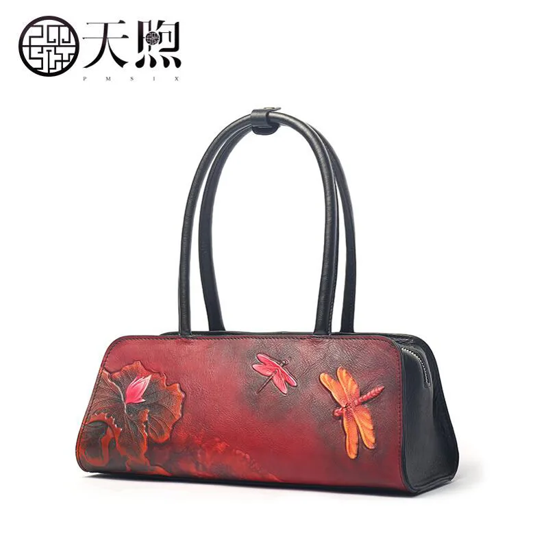 

Pmsix 2019 New women Genuine Leather bags Luxury Leather handbags fashion Cowhide Embossing bag tote women leather shoulder bag