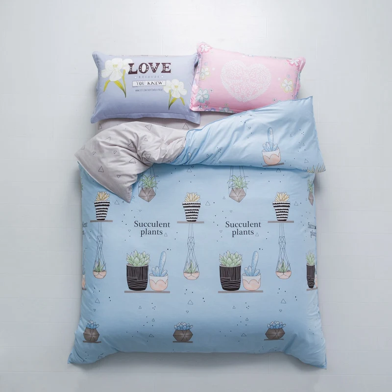 

Sky blue succulent plant bedding set kids cartoon 100% cotton cactus bedlinen bedclothes cute bedsheet pillowcases 4pc