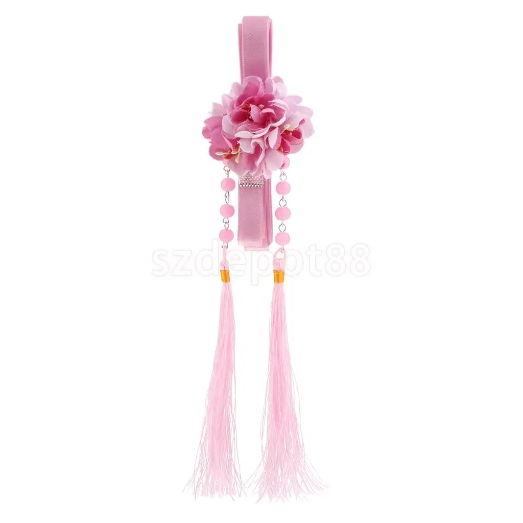 Ribbon Flower Chain Tassel Ancient Chinese Headdress Clip & Beads Dangle Earring Set Bridal Wedding Cosplay Party Hair Jewelry