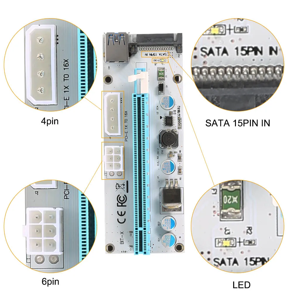 Горячая PCI-E Express 1X к 16X Extender Riser Card адаптер USB 3,0 светодиодный SATA 6 Pin Мощность кабель для добычи Перевозка груза падения