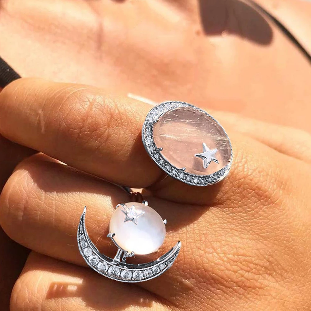 

Women Rings Bohemian Star Moon Round Crystal Silver Ring Set Female Exquisite Wedding Anniversary Jewelry Gifts