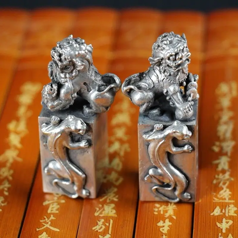 

A Pair Of Chinese Collection Tibet Silver Animal Lion Foo Dogs Seal Statues