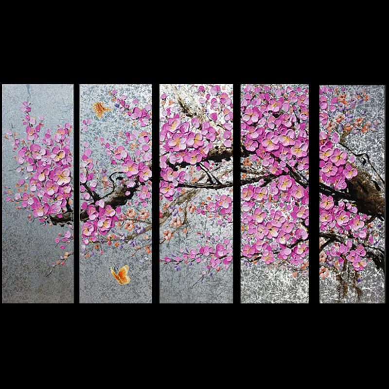 

High Quality Hand Painted Pink Flower Tree Knife Wall Paintings On Canvas 5 panles Oil Painting Picture On Canvas Decoration