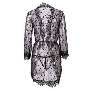 

2018 Summer New Women Ladies See Through Lacework Long Sleeve Sashes Dot Print High Waist Deep V Neck Sexy Mini Dress
