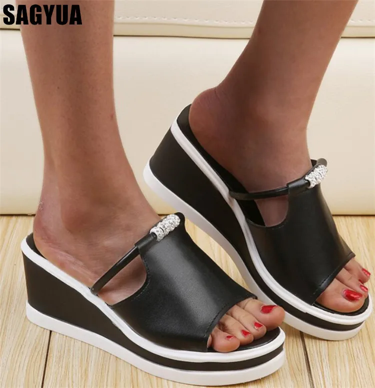 

Woman slipper summer big size Fish mouth Thick bottom sandals crystal platform shallow ladies Casual shoe Wedge women shoes Z025